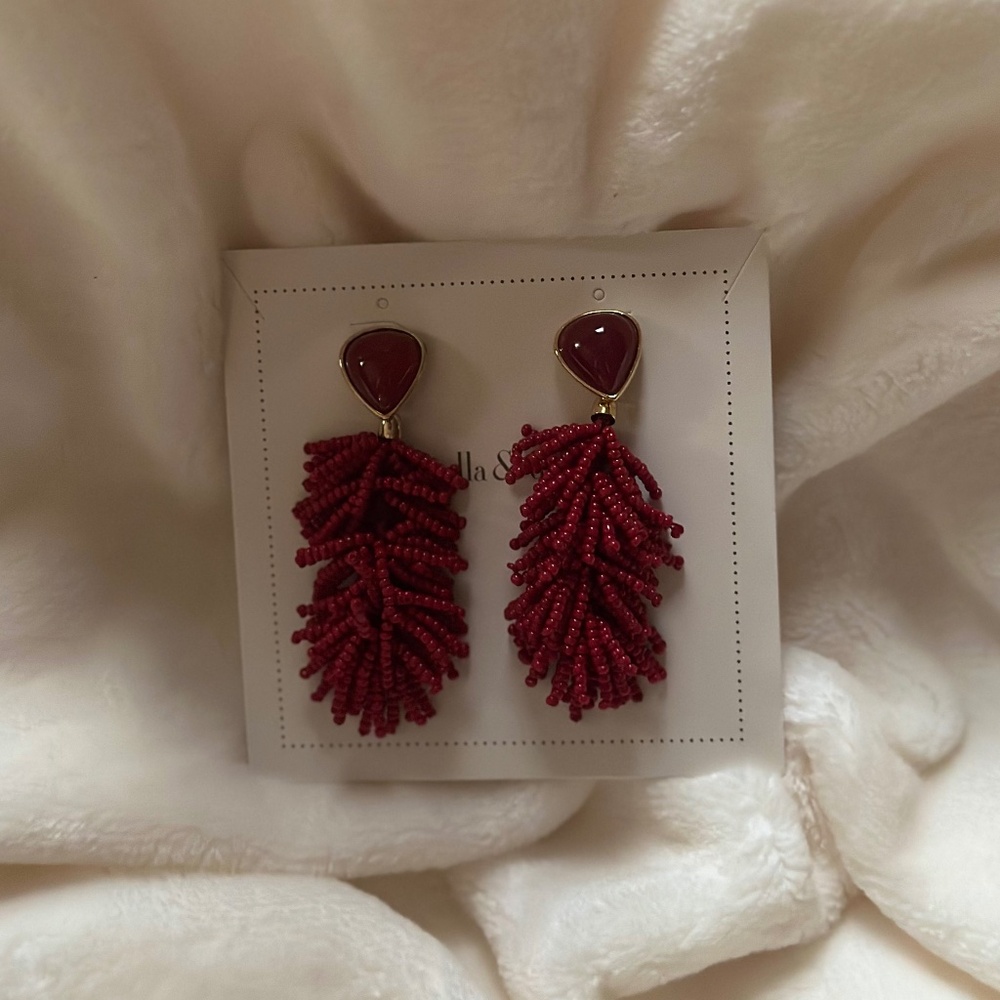 Maroon beaded tassel earring